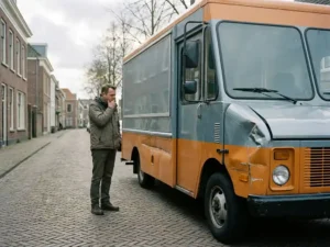 Beschadigde foodtruck met deuk in zijpaneel op Nederlandse straat, bezorgde ondernemer inspecteert de schade.
