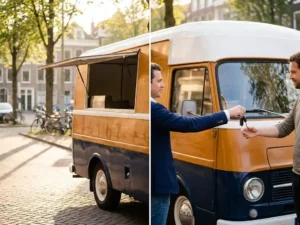 Zakenman in smart casual kleding overhandigt autosleutels bij een levendige foodtruck op een Nederlandse stadsstraat in warm middaglicht.