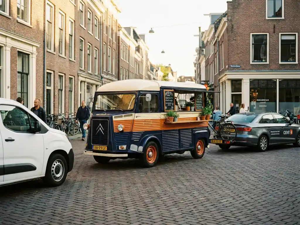 Levendige foodtruck op een zonnige Nederlandse straat, omringd door een bestelbus en zakelijke auto op kinderkopjes.