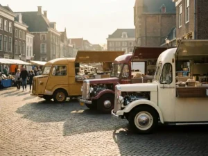 Drie kleurrijke foodtrucks in mosterdgeel, donkerrood en cremewit op een zonnig Nederlands marktplein met kasseien.