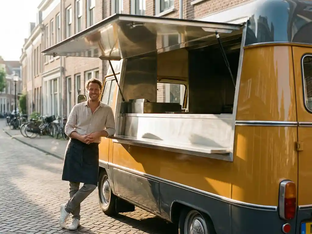 Freelancer leunt trots tegen een glanzende foodtruck op een zonnige Nederlandse straat in warm middaglicht.