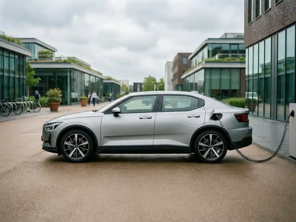 Zilveren hybride auto geparkeerd in modern Nederlands zakendistrict met oplaadkabel bij achterwiel, bewolkt daglicht.