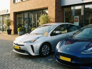 Hybride sedan en elektrische auto naast elkaar op Nederlands dealerterrein, met een euromuntstuk op de motorkap als financiële vergelijking.