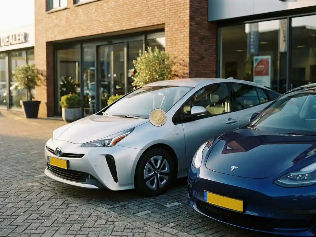 Hybride sedan en elektrische auto naast elkaar op Nederlands dealerterrein, met een euromuntstuk op de motorkap als financiële vergelijking.