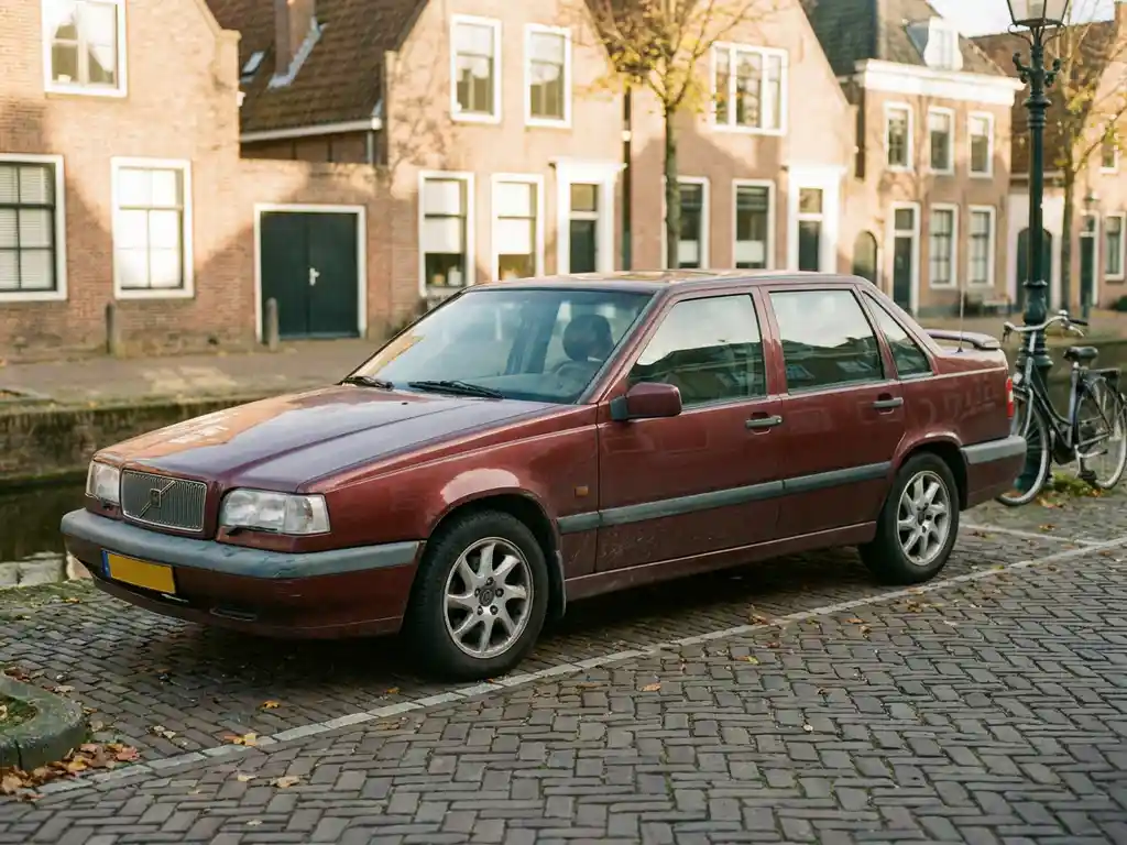 Klassieke Europese sedan uit de late jaren 90 geparkeerd op een Hollandse straat met kinderkopjes, herfstbladeren en gouden middaglicht.