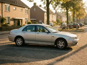 Zilveren sedan uit de late jaren negentig geparkeerd op een Nederlandse voorstedelijke straat in warm middaglicht.