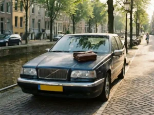 Verweerde Europese sedan uit de late jaren 90 geparkeerd langs een Amsterdamse gracht, met leren aktetas op de motorkap in middagzon.