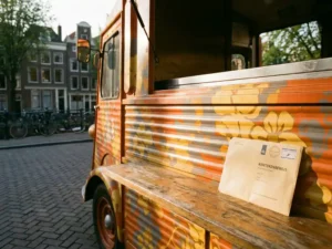Foodtruck op een Nederlandse straat met een manila envelop met kentekendocumenten op de serveertoonbank, warm middagzonlicht.
