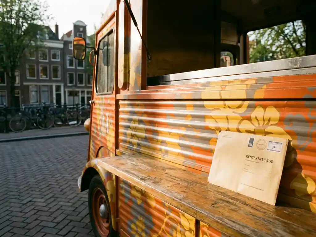 Foodtruck op een Nederlandse straat met een manila envelop met kentekendocumenten op de serveertoonbank, warm middagzonlicht.