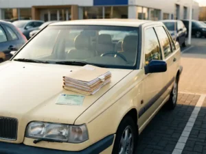 Stapel documenten en Nederlands kentekenbewijs op de motorkap van een klassieke youngtimer uit de jaren 90 bij een autodealer.