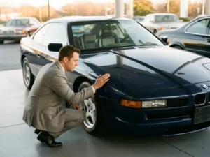 Geklede professional inspecteert carrosserie van een gepolijste klassieke auto uit de jaren 90 op een autodealerterrein in warm middaglicht.