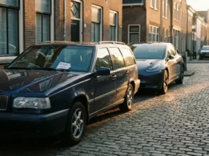 Vintage jaren 90 klassieke auto naast moderne sedan op Hollandse klinkerstraat, rentedocument onder ruitenwisser, gouden middaglicht.