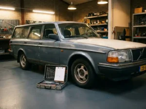 Versleten jaren 90 klassieke auto in Nederlandse werkplaats, naast open gereedschapskist met sleutels en servicedocumenten op klembord.