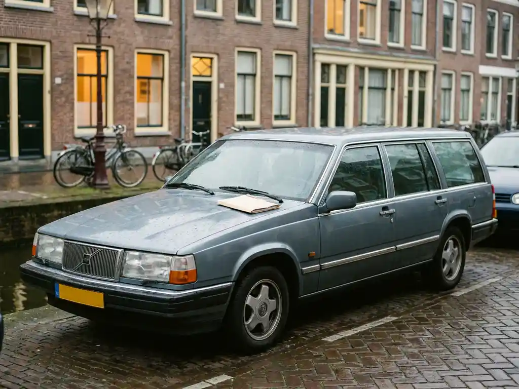 Verouderde klassieke Europese auto uit de jaren 90 geparkeerd op een Nederlandse straat met een documentmap op de motorkap.