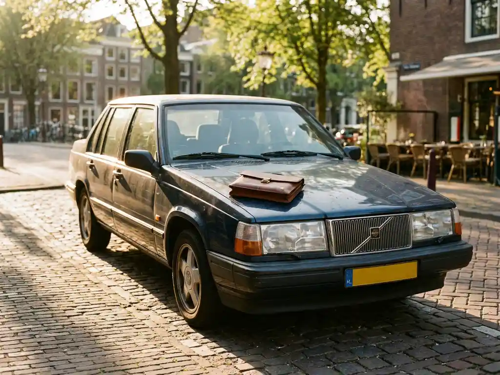 Jaren 90 Europese sedan op zonnige Hollandse klinkerstraat met contractmap op de motorkap, gouden middaglicht.