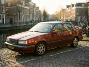 Late jaren 90 Europese sedan op een zonnige Amsterdamse klinkerstraat, bordeauxrode lak in warm middaglicht.
