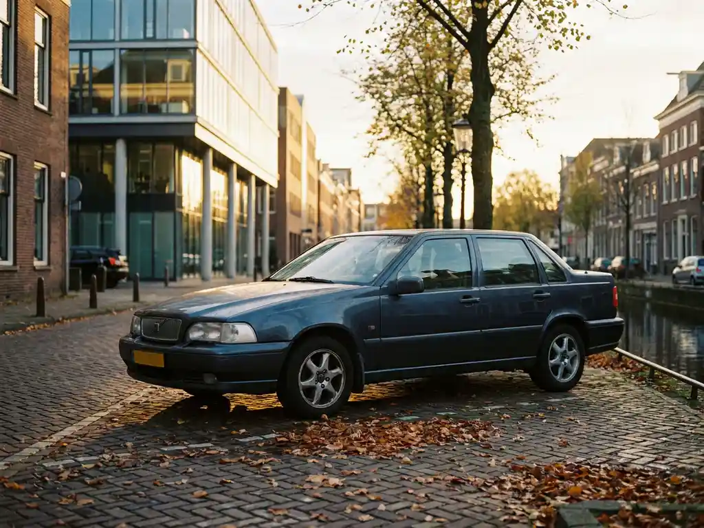 Verouderde Europese sedan uit de jaren 90 geparkeerd op een Hollandse klinkerstraat naast een glazen kantoorgebouw, herfstbladeren in gouden avondlicht.