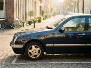 Glanzende jaren-90 Mercedes op een Hollandse klinkerstraat in middagzon, zij-aanzicht met marineblauwe lak.