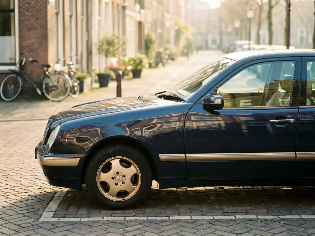 Glanzende jaren-90 Mercedes op een Hollandse klinkerstraat in middagzon, zij-aanzicht met marineblauwe lak.