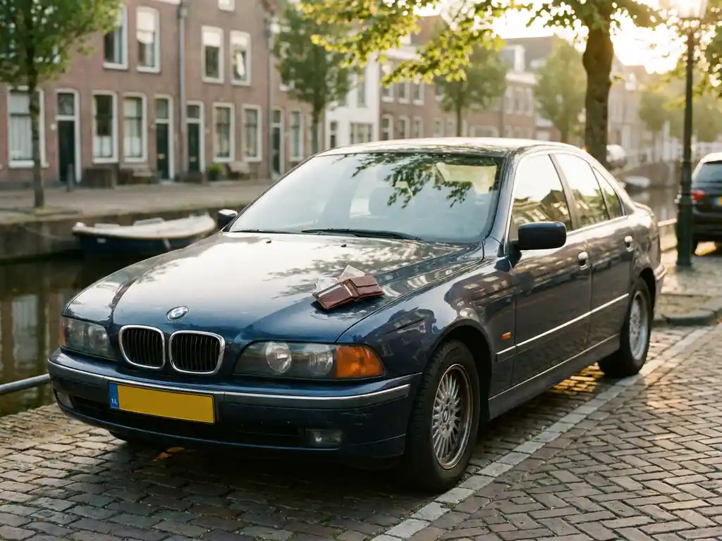 Vintage Mercedes sedan op Amsterdamse klinkerstraat met euro's op de motorkap, gouden uursverlichting en wazige gracht op achtergrond.