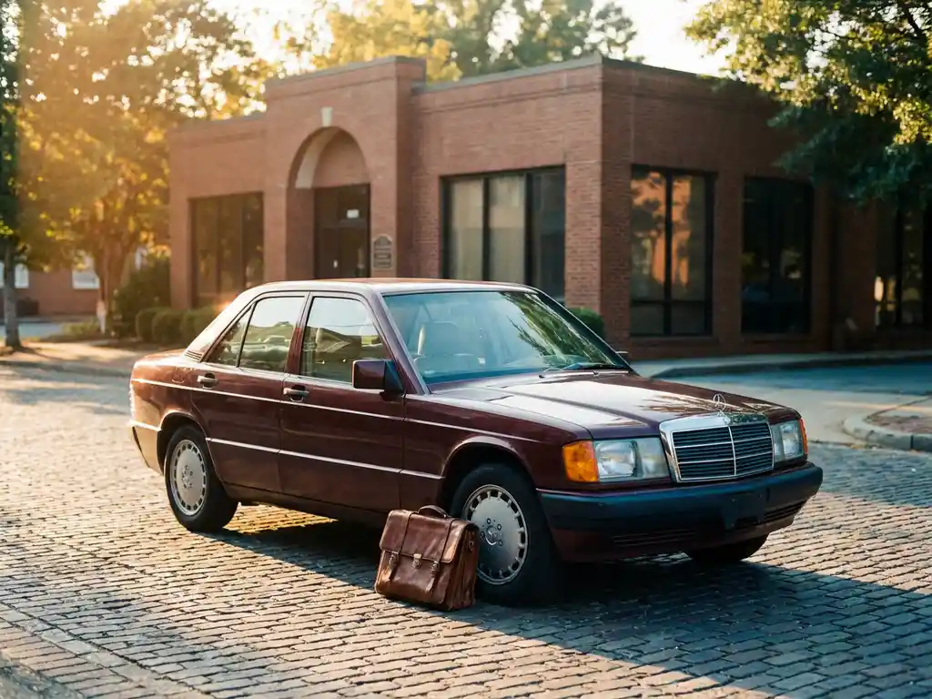 Gepolijste youngtimer sedan uit de late jaren 80 geparkeerd voor een Nederlands bakstenen kantoorpand, leren aktetas tegen de voorband.