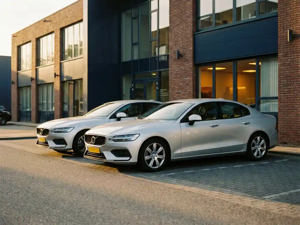 Zilveren leaseauto geparkeerd voor een Nederlands kantoorgebouw, met een identiek vervangend voertuig zichtbaar op de achtergrond.