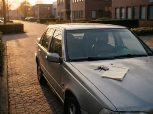 Zilvergrijze jaren-90 sedan op oprit van Nederlands bedrijventerrein, autosleutels en leasecontract op motorkap in goudkleurig middaglicht.