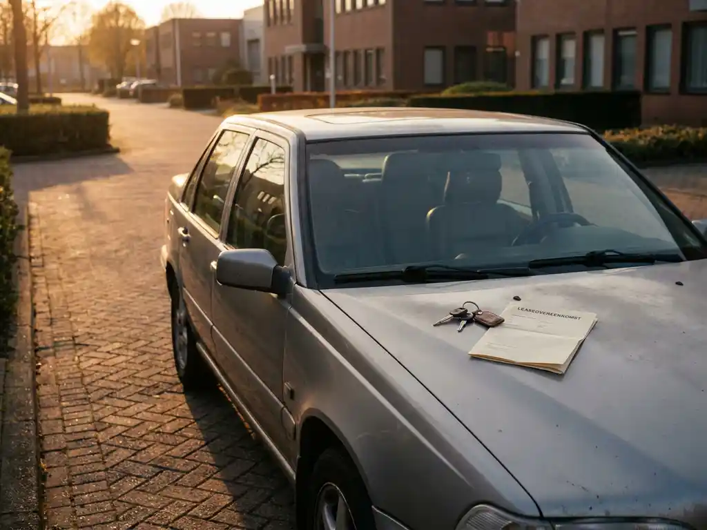 Zilvergrijze jaren-90 sedan op oprit van Nederlands bedrijventerrein, autosleutels en leasecontract op motorkap in goudkleurig middaglicht.