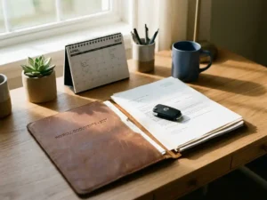 Autosleutel op opengeslagen loonstrookmap op houten bureau, met kalender 2027 op de achtergrond.