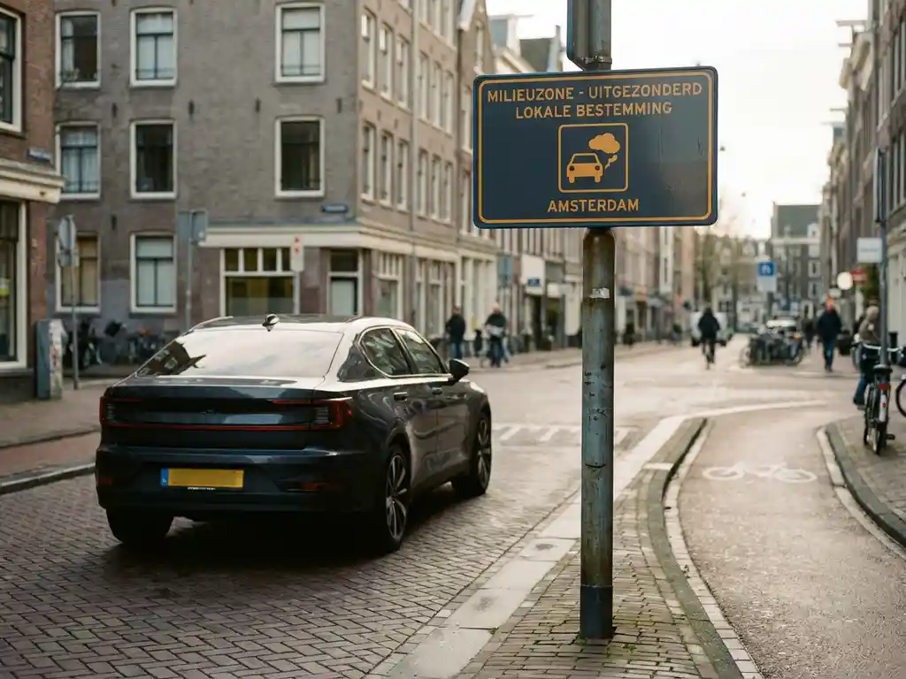 Moderne auto bij de ingang van een Nederlandse emissiezone, met een rechthoekig verkeersbord op een stalen paal langs een straat met fietspaden.