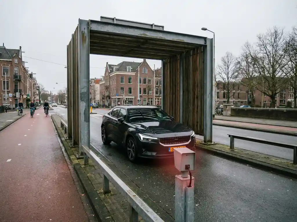 Moderne auto passeert emissiezone controlepunt in Nederlandse stad met fietspaden en baksteenarchitectuur op de achtergrond.