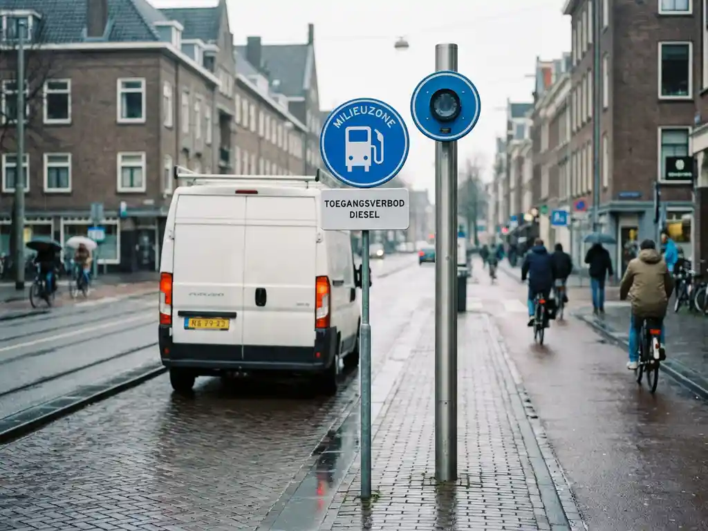 Witte bestelbus bij ingang van een milieuzone in Nederlandse stad, met blauwe handhavingscamera op paal langs kasseienweg.