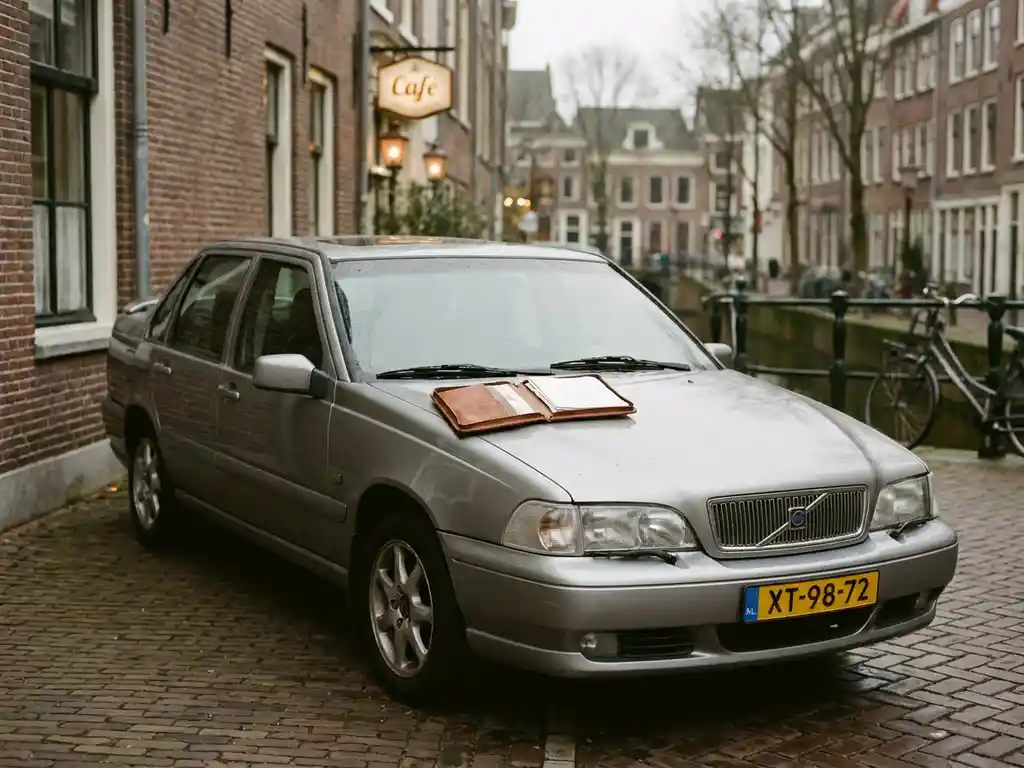 Zilveren sedan uit de late jaren negentig geparkeerd op een Nederlandse straat met een leasecontract op de motorkap.