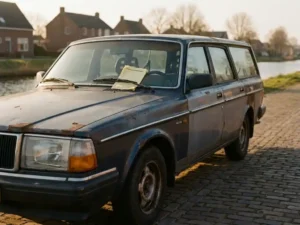 Verweerde klassieke auto uit de jaren 90 langs een Nederlandse weg met een leasecontract onder de ruitenwisser, gouden middaglicht.