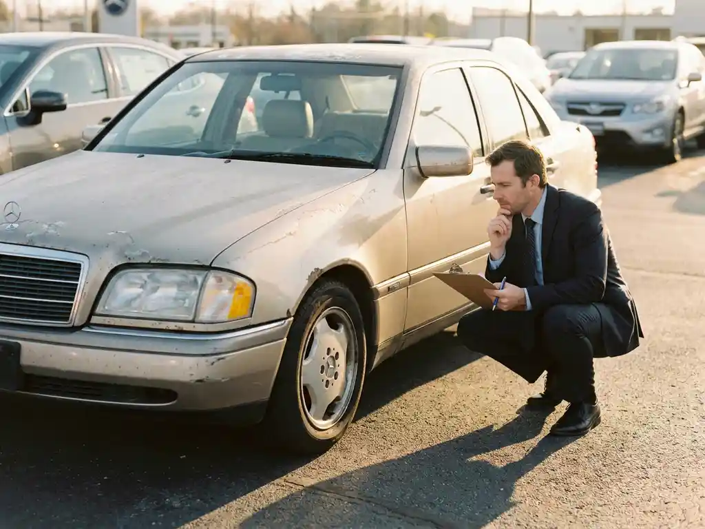 Verouderde jaren 90 Europese sedan op dealerterrein, beoordeeld door een adviseur met klembord in warm middaglicht.
