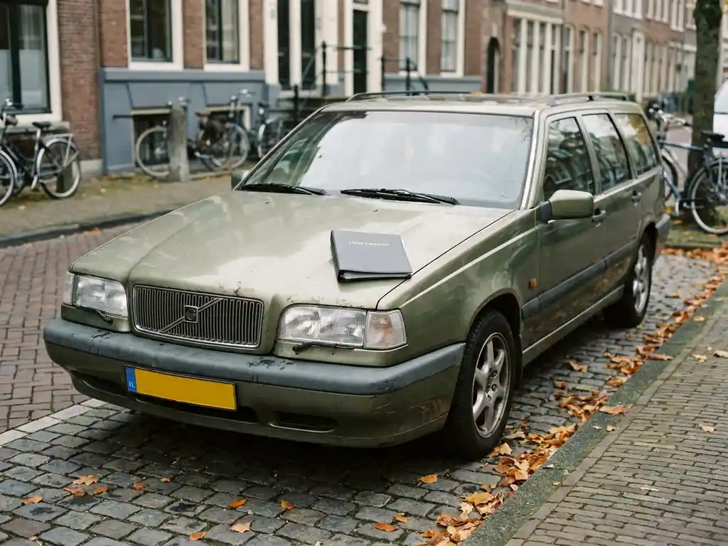 Klassieke jaren 90-auto met verweerd chroom op een Nederlands straatje, leasecontract op de motorkap, herfstbladeren op grijze kinderkopjes.