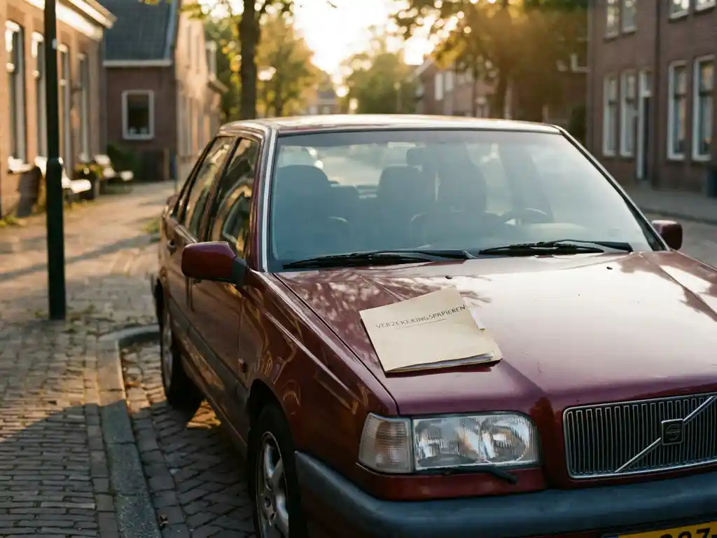 Bordeauxrode youngtimer uit de jaren 90 geparkeerd op een Nederlandse kinderkopjesstraat met verzekeringsdocument op de motorkap.