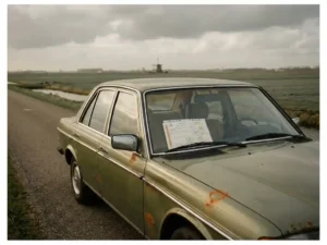 Jaren 90 Europese sedan met chroomdetails en verweerde lak op een Nederlandse polderweg, importdocumenten onder de ruitenwisser.