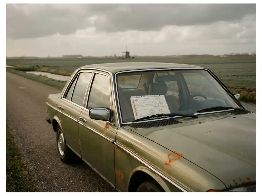 Jaren 90 Europese sedan met chroomdetails en verweerde lak op een Nederlandse polderweg, importdocumenten onder de ruitenwisser.