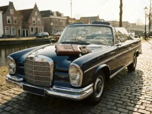 Glanzende vintage Europese klassieke auto met chromen bumpers op een zonnige Nederlandse klinkerstraat, leren portfolio met leasecontracten op de motorkap.