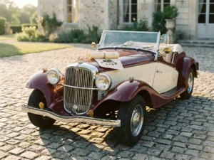 Glanzende vintage klassieke auto op een zonnig kasseienpad met een huurcontract en sierlijke sleutels op de motorkap.