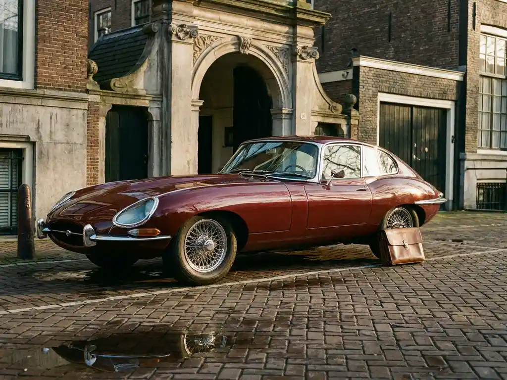 Vintage jaren '60 Mercedes op kasseiweg voor Amsterdams grachtenpand, bordeauxrode lak en chromen details in gouden middagzon.
