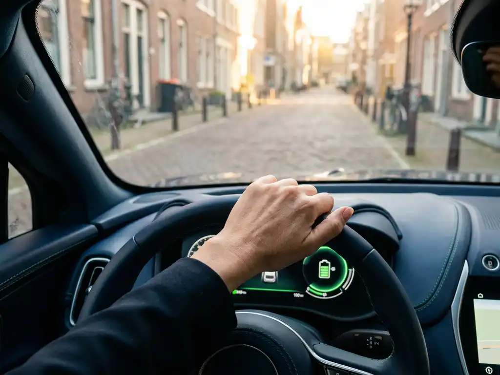 Ondernemer rijdt elektrische auto door Nederlandse stad, dashboard toont volle batterij, gouden ochtendlicht door voorruit.