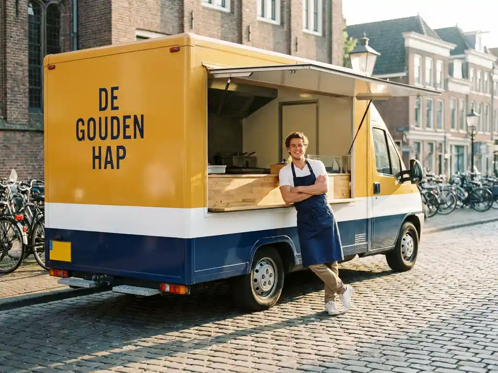 Jonge ondernemer leunt zelfverzekerd tegen een saffraangele foodtruck op een zonnige Nederlandse straatweg met kinderkopjes.