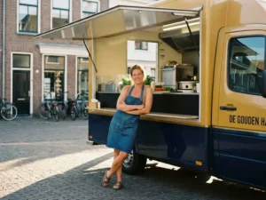 Zelfverzekerde ondernemer leunend tegen een mosterdgele foodtruck op een zonnige Nederlandse kinderkopjesstraat.
