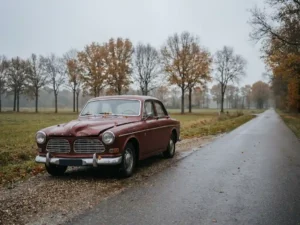 Vintage bordeauxrode auto met verkreukelde motorkap langs een Nederlandse landweg, omzoomd door herfstbomen onder bewolkte lucht.