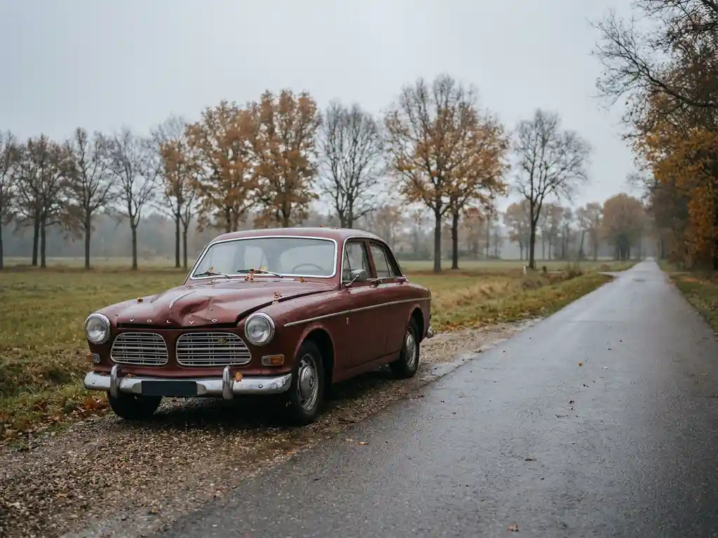 Vintage bordeauxrode auto met verkreukelde motorkap langs een Nederlandse landweg, omzoomd door herfstbomen onder bewolkte lucht.