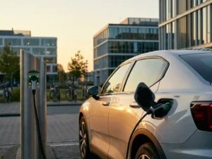 Plug-in hybride sedan aangesloten op laadpaal in Nederlands zakendistrict, zilveren carrosserie glinsterend in avondlicht.