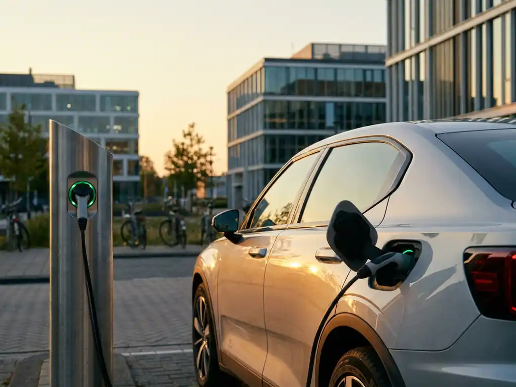Plug-in hybride sedan aangesloten op laadpaal in Nederlands zakendistrict, zilveren carrosserie glinsterend in avondlicht.