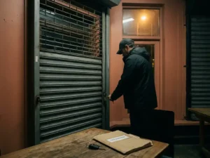 Restauranteigenaar die een donker, gesloten café afsluit, met autosleutel en huurcontract op houten tafel op de voorgrond.